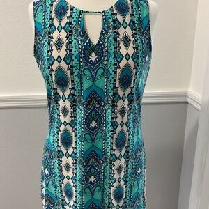Tacera Teal and White Geometric Tunic Top